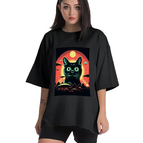 Plus Size Shirt for Women Black Tops for Women Short Sleeves Shirt for Women Retro Black Cat T Shirt Crewneck Shirt for Women XS