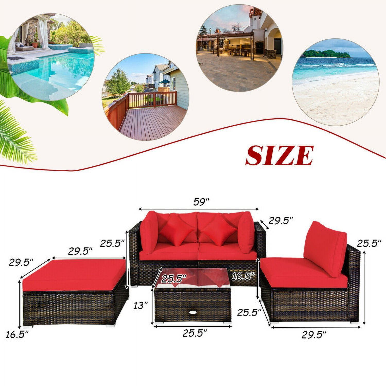 Aimee Lii 5 Pcs Outdoor Patio Rattan Furniture Set Sectional Conversation with Cushions, Outdoor Patio Set, Red Aimee Lii 5 Pcs Outdoor Patio Rattan Furniture Set Sectional Conversation with Cushions, Outdoor Patio Set, Red