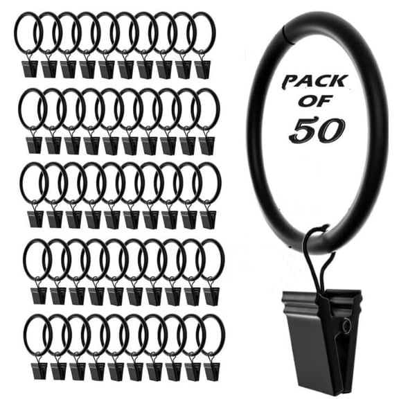 50 Pack Metal Curtain Rings with Clips with 5 Extra Clips Thick Heavy Duty for Drapes Shower Living Room Curtains (Black,1.25")
