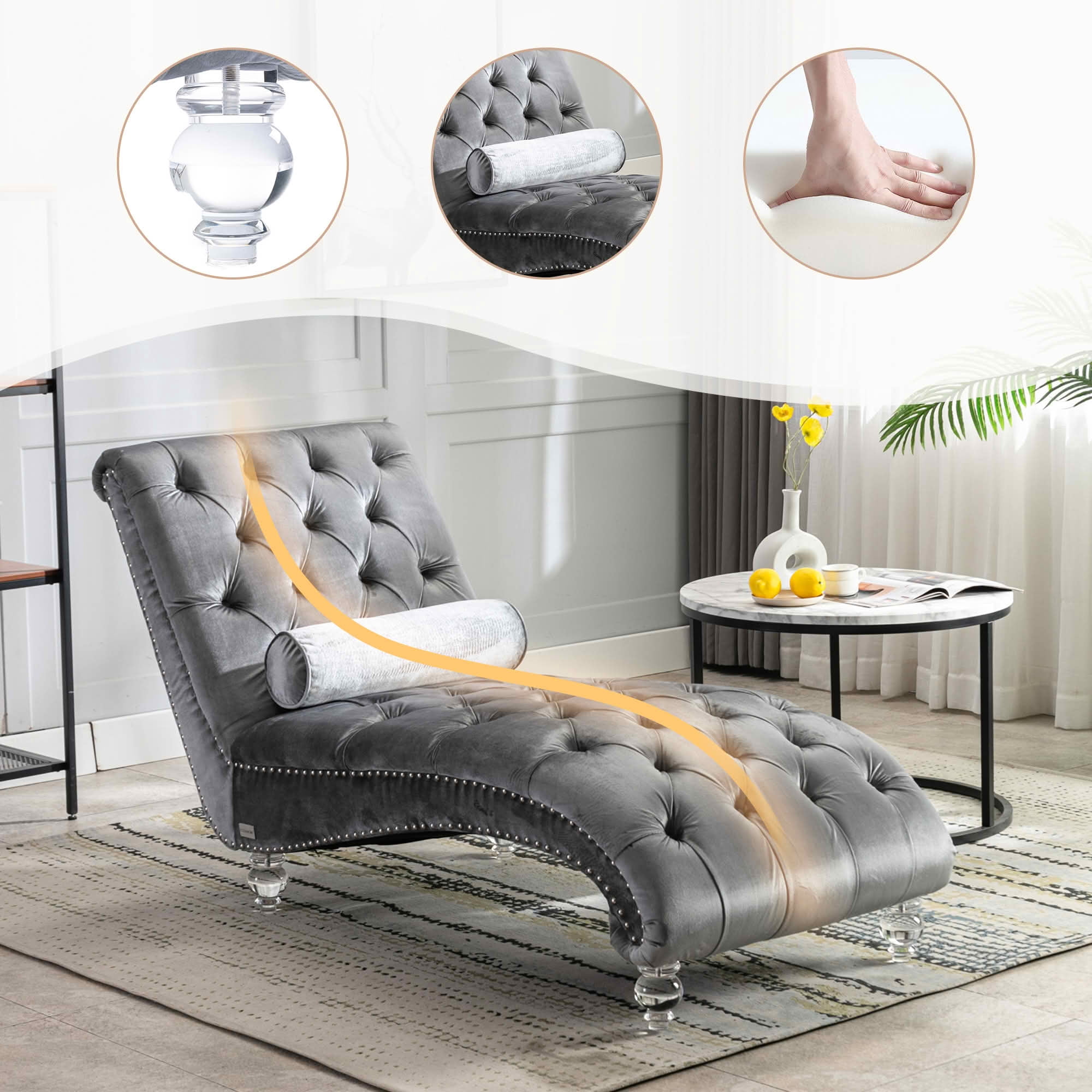 MAYEERTY Velvet Button Tufted Chaise Lounge with Pillow, Ergonomic S-Shape Indoor Lounge Chair with Wood Frame Acrylic Legs for Bedroom Living Room Office