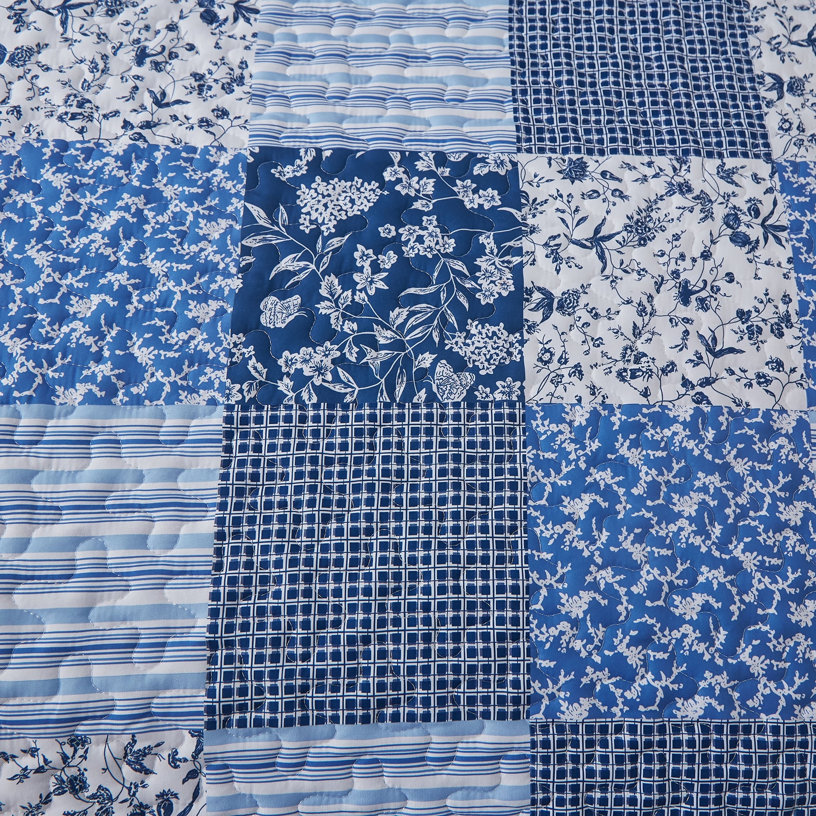 Dintszyayue Grid Patchwork Quilt Set Queen Size,3Pcs Blue Bedding Set Lightweight Adult(90"x 96")