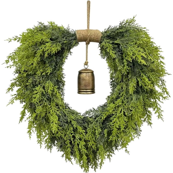 20" Heart-Shaped Cedar Christmas Wreath for Front Door – Artificial Greenery with Rustic Bell, Great Valentine's Day Decor for Porch, Holiday Wall & Mantel