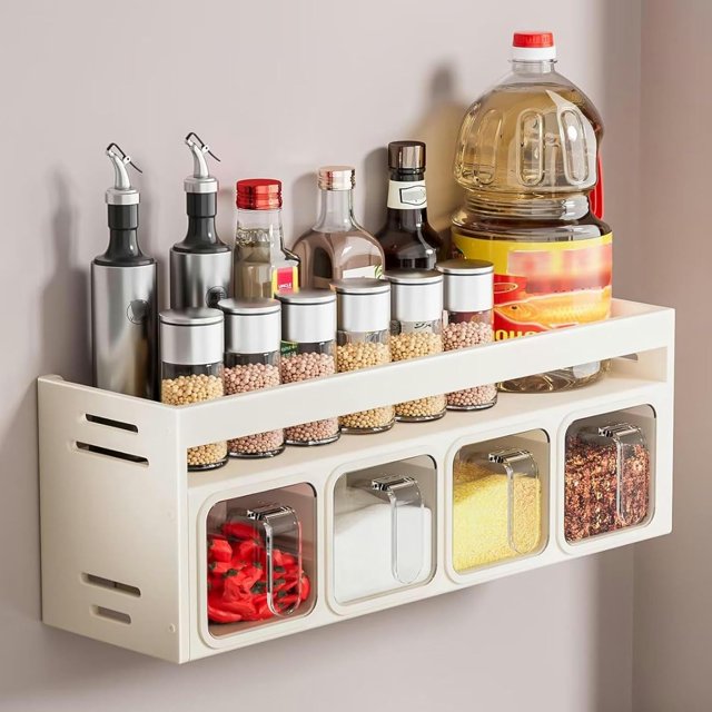 Spice Rack, Spice Organiser with 3 Spice Box, Spice Rack Wall Mounted/Countertop, Strong Spice Shelf, Spice Storage for Inside Cupboard, Seasoning Organizer for Kitchen Herbs Jars