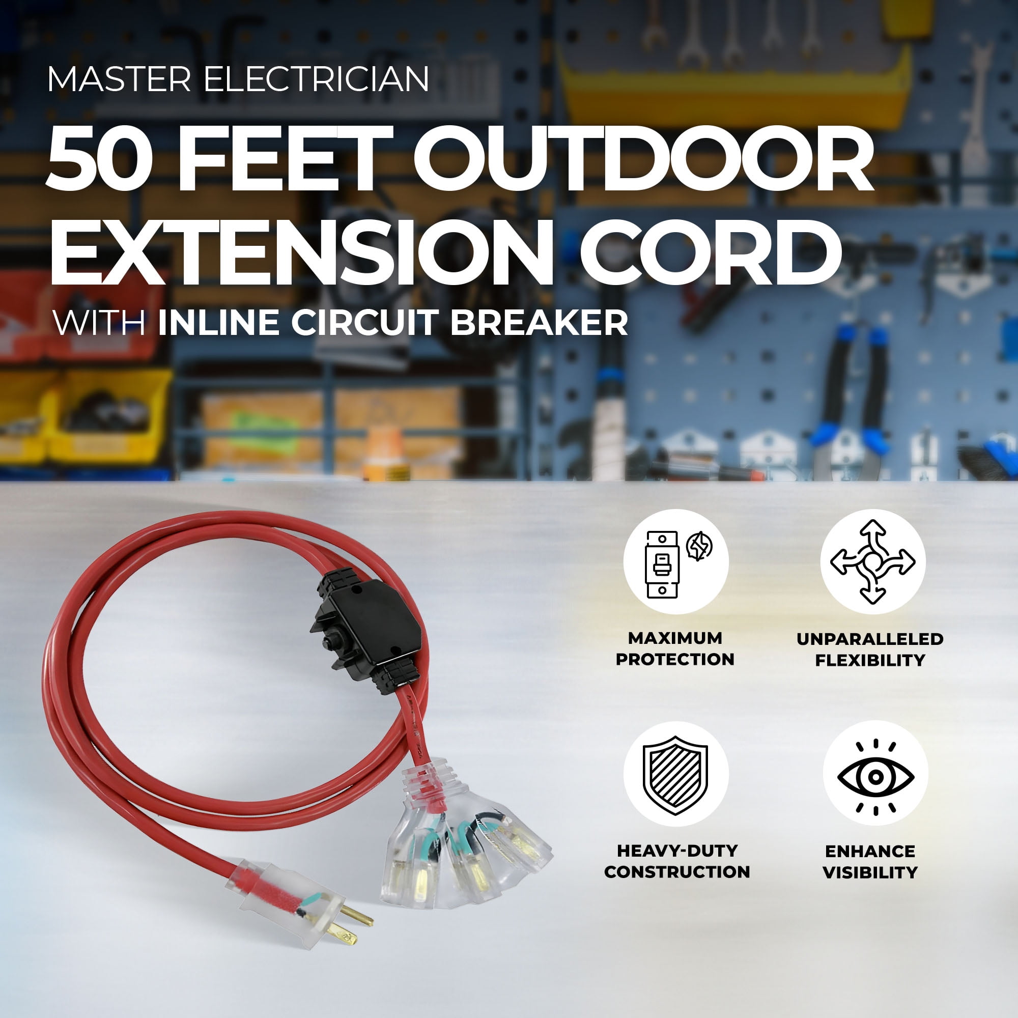 Master Electrician 50 Feet Extension Cord with Fan Tap and Circuit Breaker