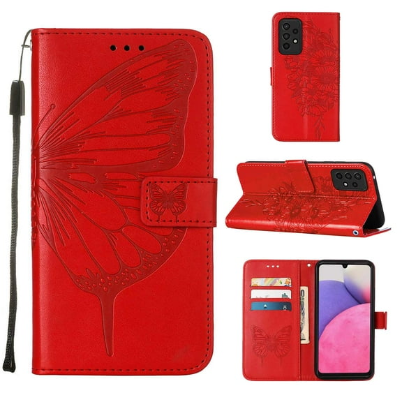 Wallet Case for Samsung Galaxy A33 5G(6.4 Inch) with Kickstand Card Slots Magnetic Clasp Flip Folio Phone Case, Butterfly Flower Design Pattern Soft TPU Shockproof Anti-Fall Protective Cover,Red
