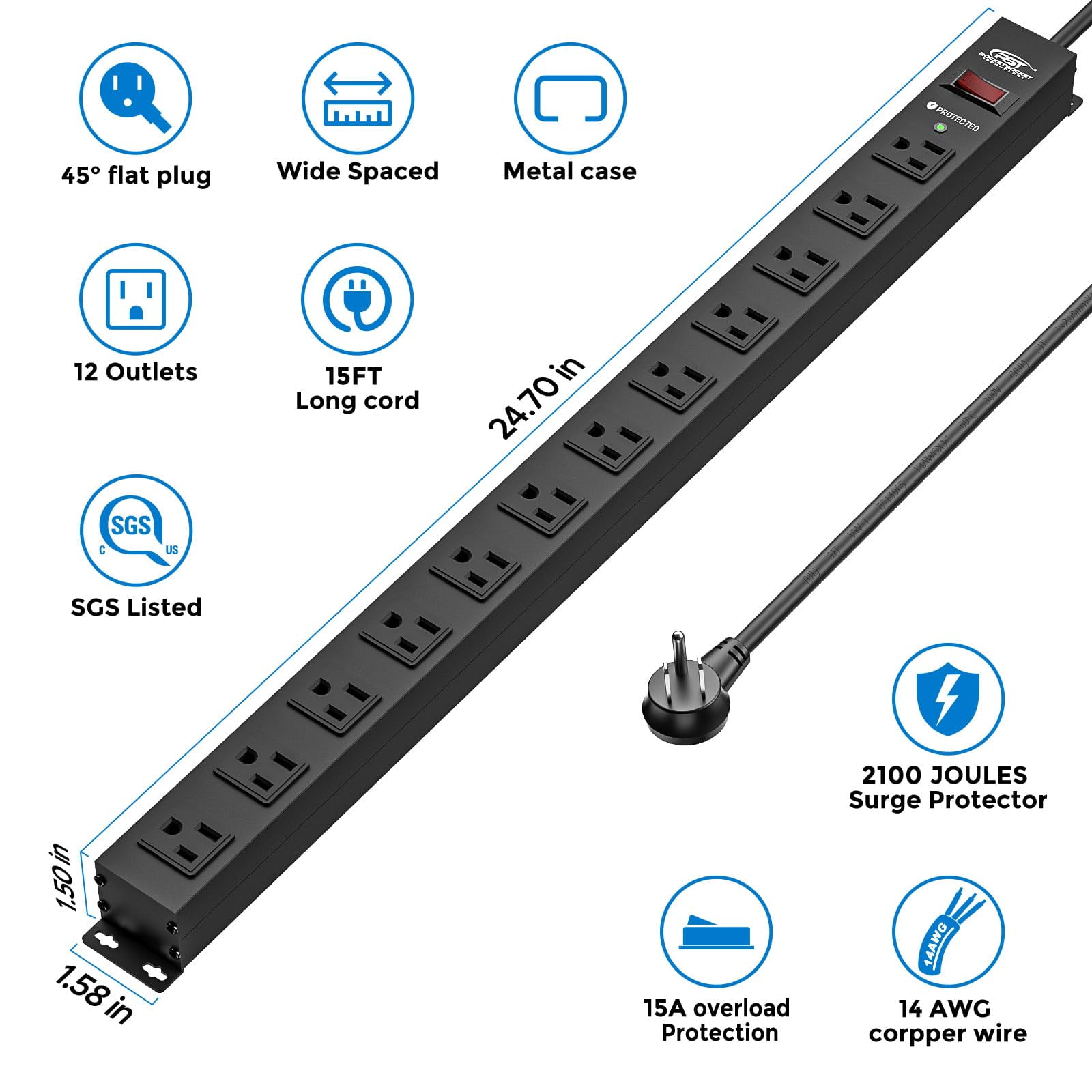 CRST Long Surge Protector Power Strip Mountable 12 Outlets with Flat Plug 15ft Long Extension Cord 2100J Metal Heavy Duty Industrial Power Bar for Workshops, Garages and Use Under Cabinet, Black