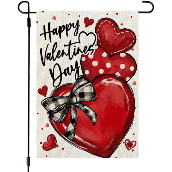 Valentines Day Hearts Garden Flag 12x18 Inch Double Sided for Outside Small Burlap Love Red Holiday Yard Decoration