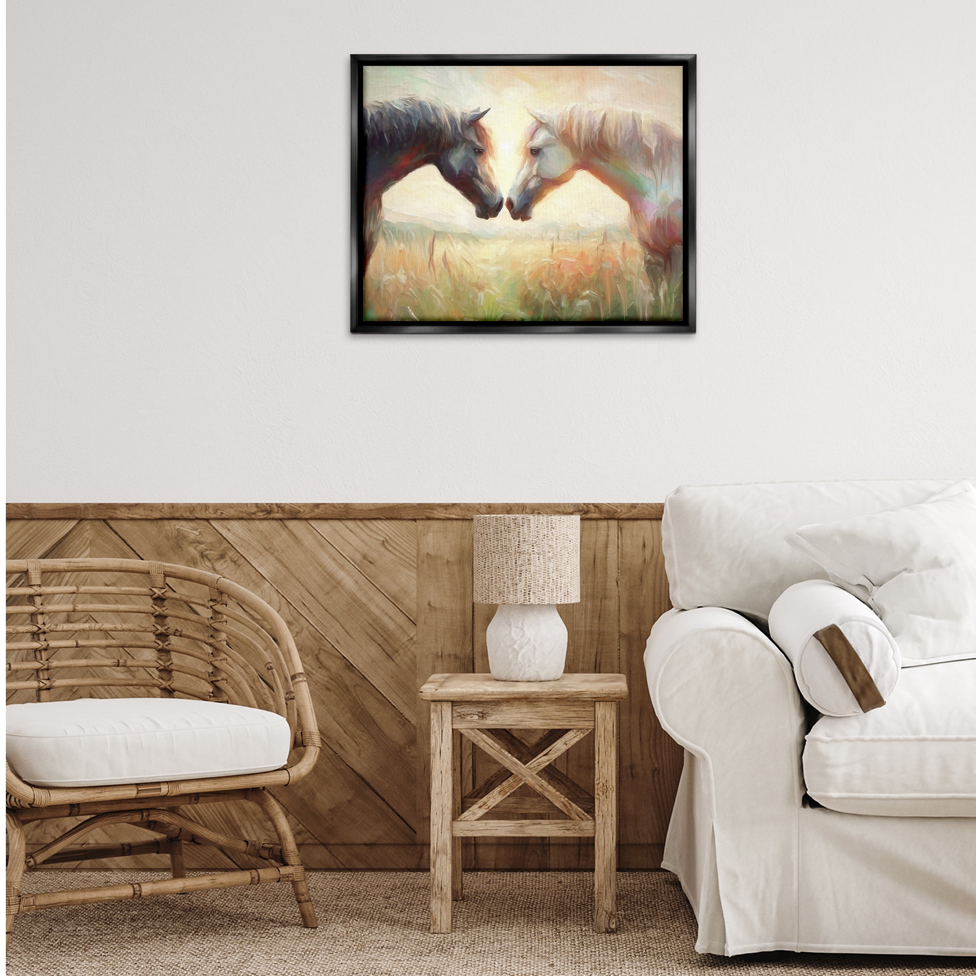 Stupell Industries Sunlit Horse Pair Animals & Insects Painting Black Floater Framed Canvas Art Print Wall Art, 31 x 25