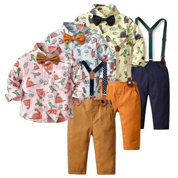YTDSCS Baby Kids Boys Formal Outfit Toddler Infant Boys Long Sleeves Gentleman Set 6 Months -10 Years Dinosaur Print Shirt Suspender Pants Bow Tie Wedding Suit