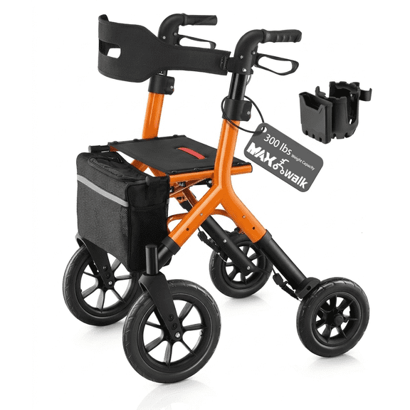 MAXWALK Rollator Walker for Tall Seniors, 12'' All Terrain Big Rubber Wheels, Adjustable Handle & Seat for 5.3-7 ft 24.25 lbs, Orange