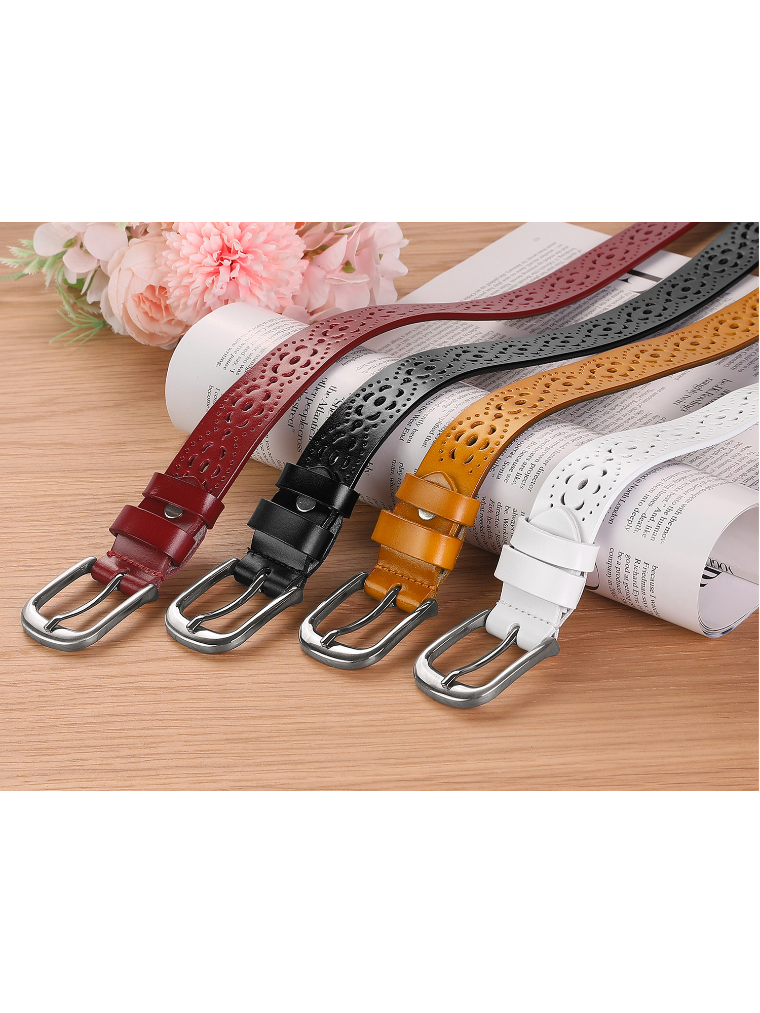 Unique Bargains Women's Vintage Hollow Floral Faux Leather PU Belt with Buckle