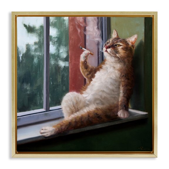 Stupell Industries Cat Smoking Lounging in Window Animals & Insects Painting Gold Floater Framed Canvas Art Print Wall Art, 18 x 18