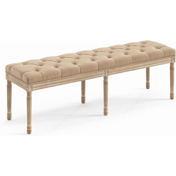 LUE BONA 60" Fabric End of Bed Bench, Upholstered Tufted French Bedroom Bench with Carved Legs for Bedroom End of King Size Bed, Living Room, Wheat