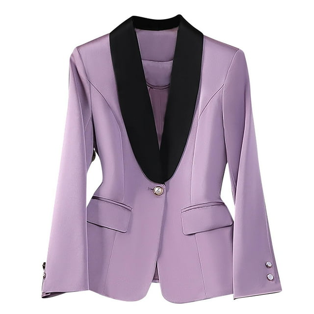 Suit Jacket for Women with Contrast Color Trim, Long Sleeve, Notched Lapel, Button Front, Regular Length, Polyester-Spandex Blend
