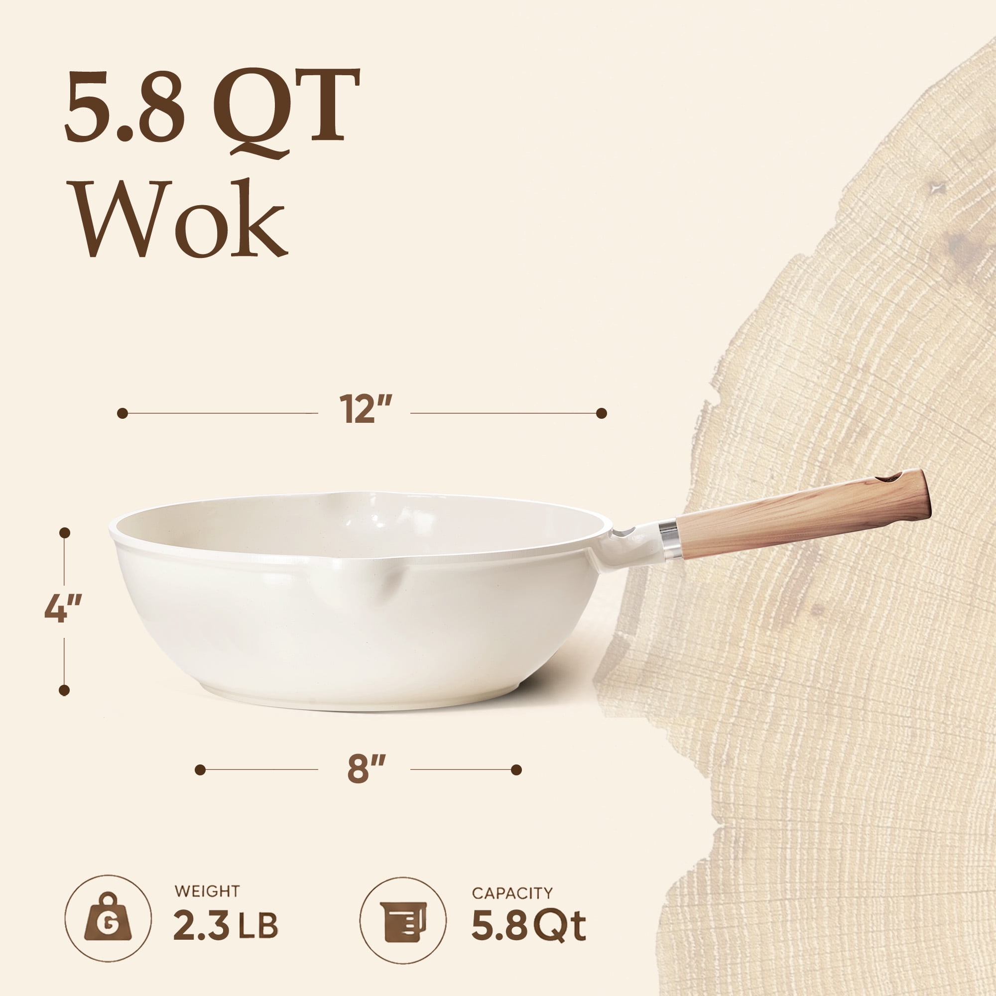 Carote Ceramic Nonstick Wok with Induction 12" Non-Stick Saute Pan, All Stoves Compatible, Bon Appetit, White Granite, 5.8QT