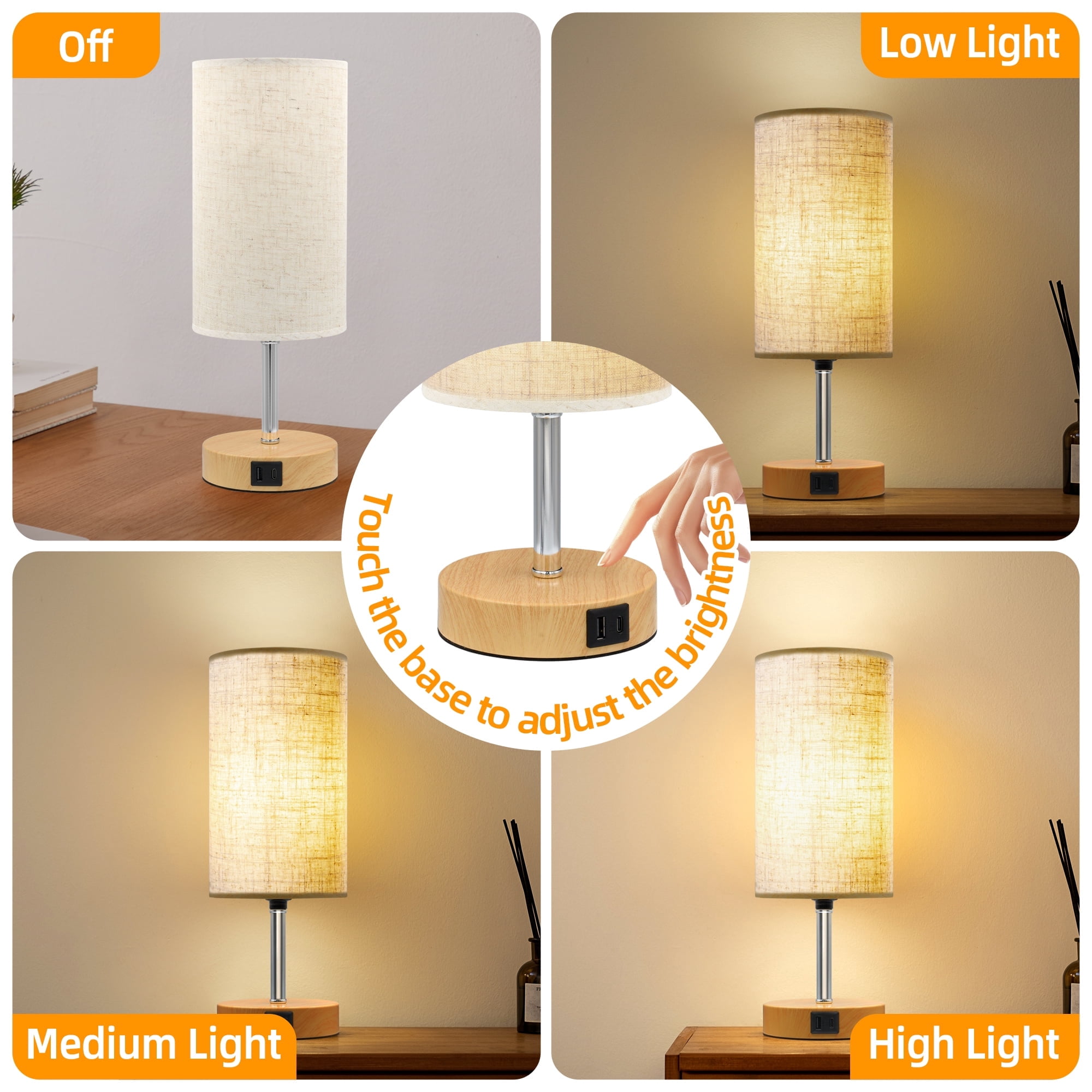 Sentryse 2Pcs Bedside Table Lamp for Bedroom, 3 Way Dimmable Touch Table Lamp with USB A&C, Round Linen Shade Small Desk Lamp, Nightstand Lamp for Bedroom, Dorms, Living Room, Office