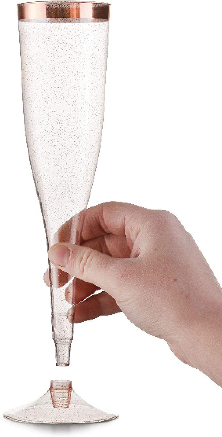 Rose Gold Plastic Champagne Flutes Disposable 6.5 Oz Catered Events Elegant Stylish Mimosa Glasses Perfect for Weddings Bachelorette Party 1 Box of 36 Rose Gold Glitter with a Rose Gold Rim - 