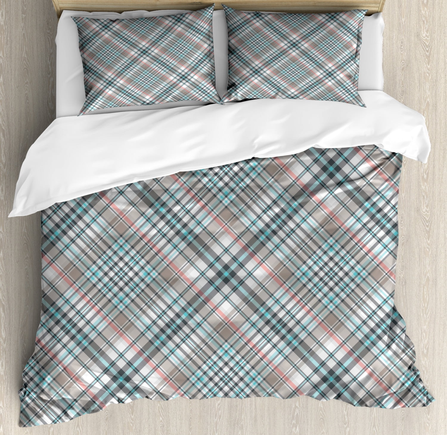 Checkered Queen Size Duvet Cover Set, Traditional Pattern with