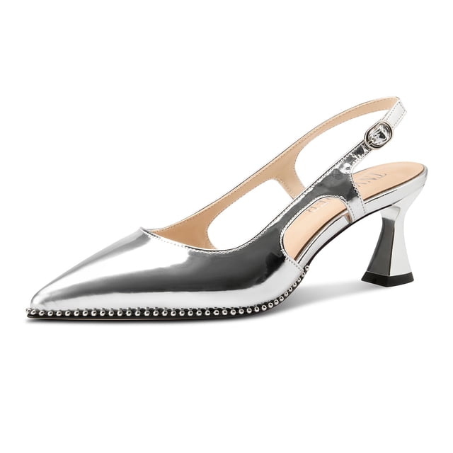 Zapatos TNYNFBEB para mujer, tacón de gatito y punta puntiaguda, plateados, 6,5 cm