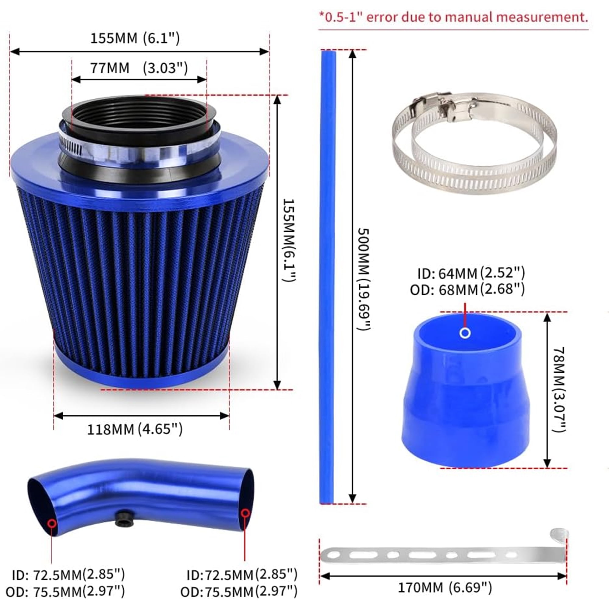 3'' Cold Air Intake Kit Aluminum Automotive Cold Air Intake Pipe Filter Induction Flow Hose Pipe Kit, Blue