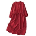 thumbnail image 2 of Inverlee Womens Linen Button Down Dresses 3/4 Puff Sleeve Round Neck Midi Dress Ruffled Drawstring Casual Sundress, 2 of 6