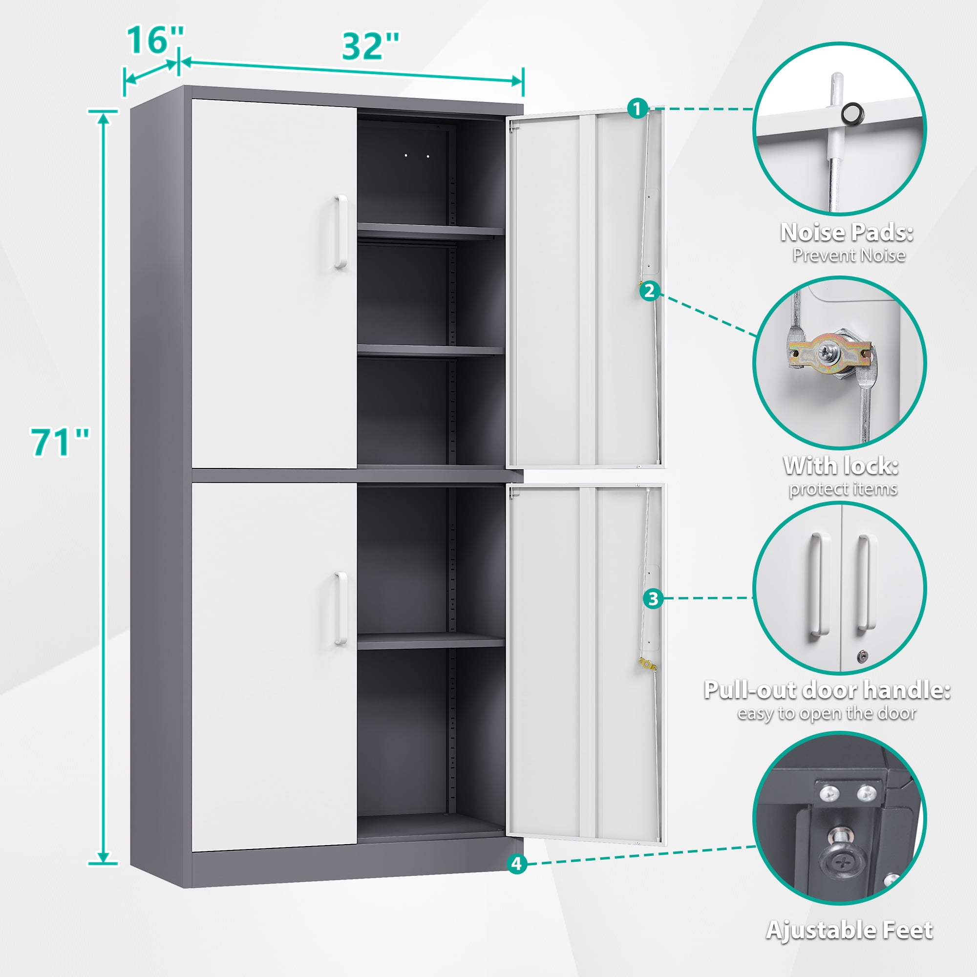 Fesbos Metal Storage Locking Cabinet with 4 Doors and 3 Adjustable Shelves,71" Lockable Steel Tall Garage Cabinet for Home Office,Living Room,Pantry,Gym