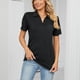 thumbnail image 4 of Camisa de mujer Top Color puro Mangas cortas Cuello vuelto con bolsillo Camisa de verano Top Negro S, 4 of 7