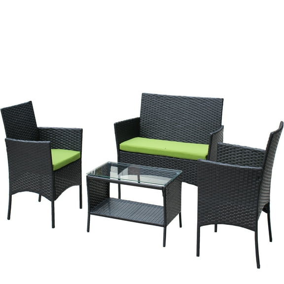 Gzxs 4 Pieces Patio Furniture Sets with Glass Top Coffee Table, Outdoor Wicker Rattan Conversation Sofa Set with 1pc Loveseat, 2pcs Armchairs (Green Cushions Included)