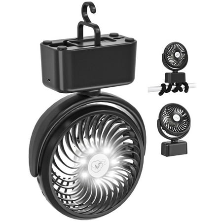 

Portable Battery Operated Oscillating Small Personal Fan Stand on Table Hang in Camping Tent Clip On Stroller Hand Held with Hidden Hook & Diffuser Holder 5000mAh 3-Speed & LED Light