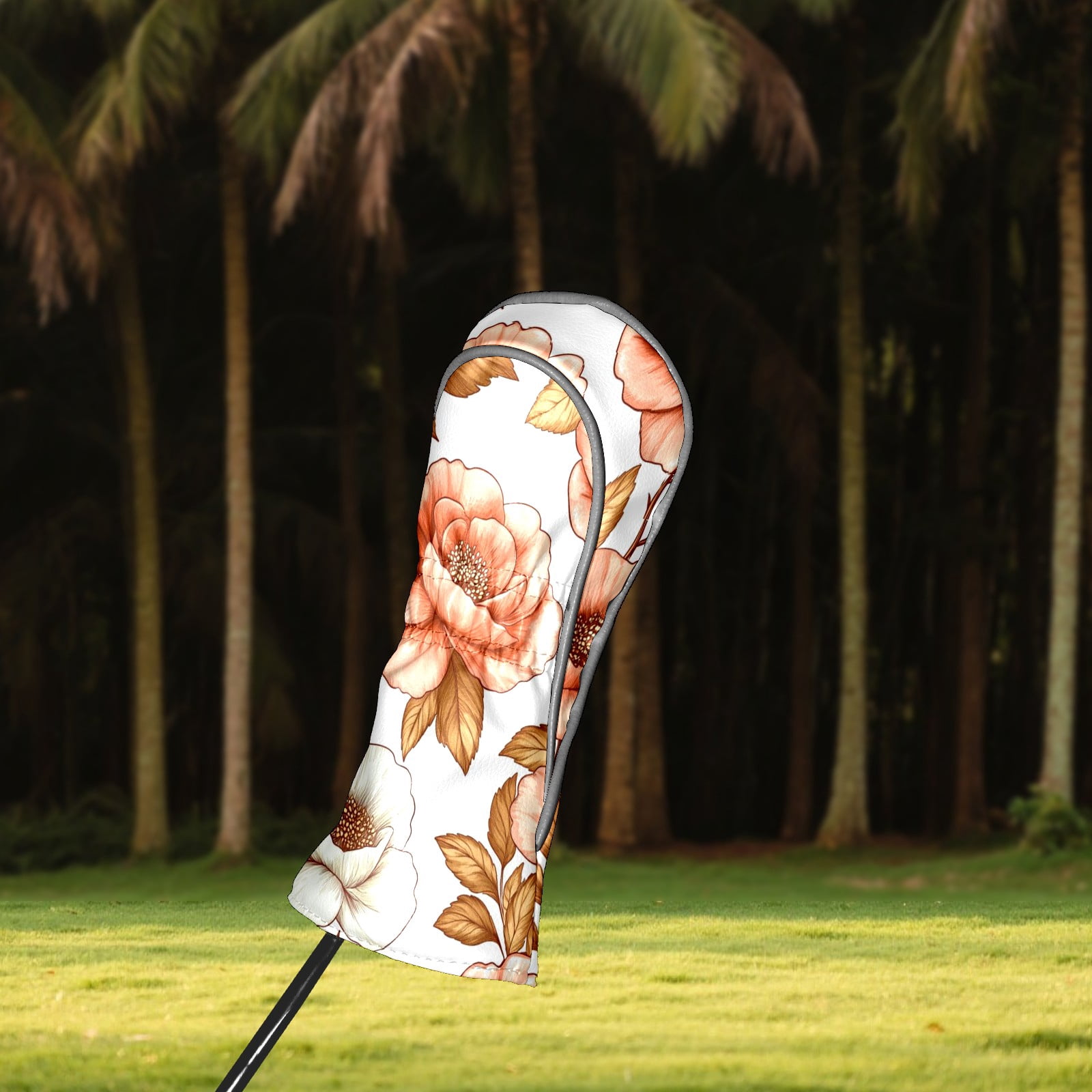 Golf Club Head Covers - Peony Design, PU Leather, Waterproof, Fits Fairway Woods/Hybrid, Unisex, Fits Most Brands