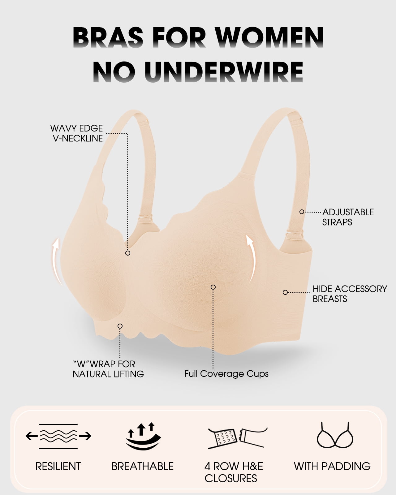 USEASY Seamless Bras for Women No Underwire Wireless Full Coverage Push Up Bralette Comfort Scalloped T-Shirt Bra