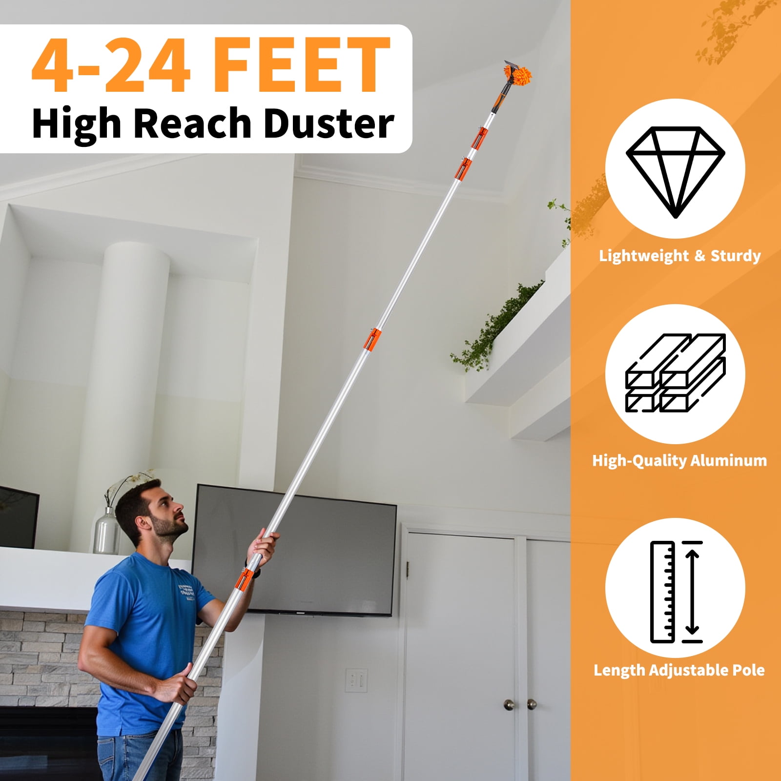 24ft Extendable Duster Kit, 3-Piece Set with Telescopic Aluminum Pole, Cobweb Duster, Microfiber Feather Duster, 2-in-1 Chenille Head, Universal Fit for High-Reach Cleaning