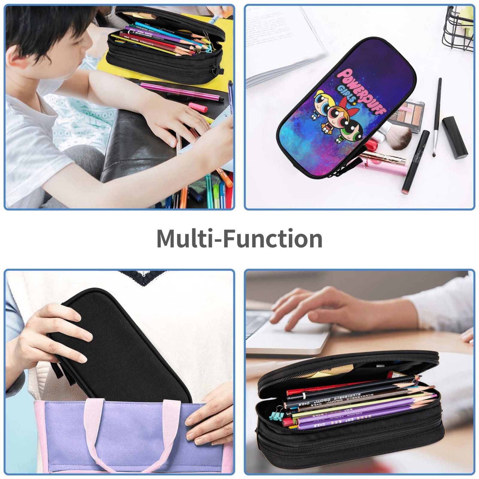 The Powerpuff Gi-rls Pencil Case Large Capacity Pencil Pouch Penbag Office Stationery Organizer Travel Makeup Bag Black