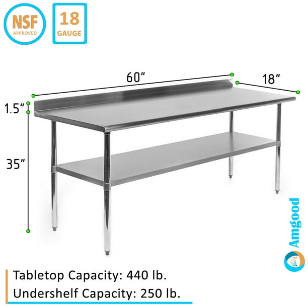 AmGood 18" X 60" Stainless Steel Work Table with 1.5" Backsplash