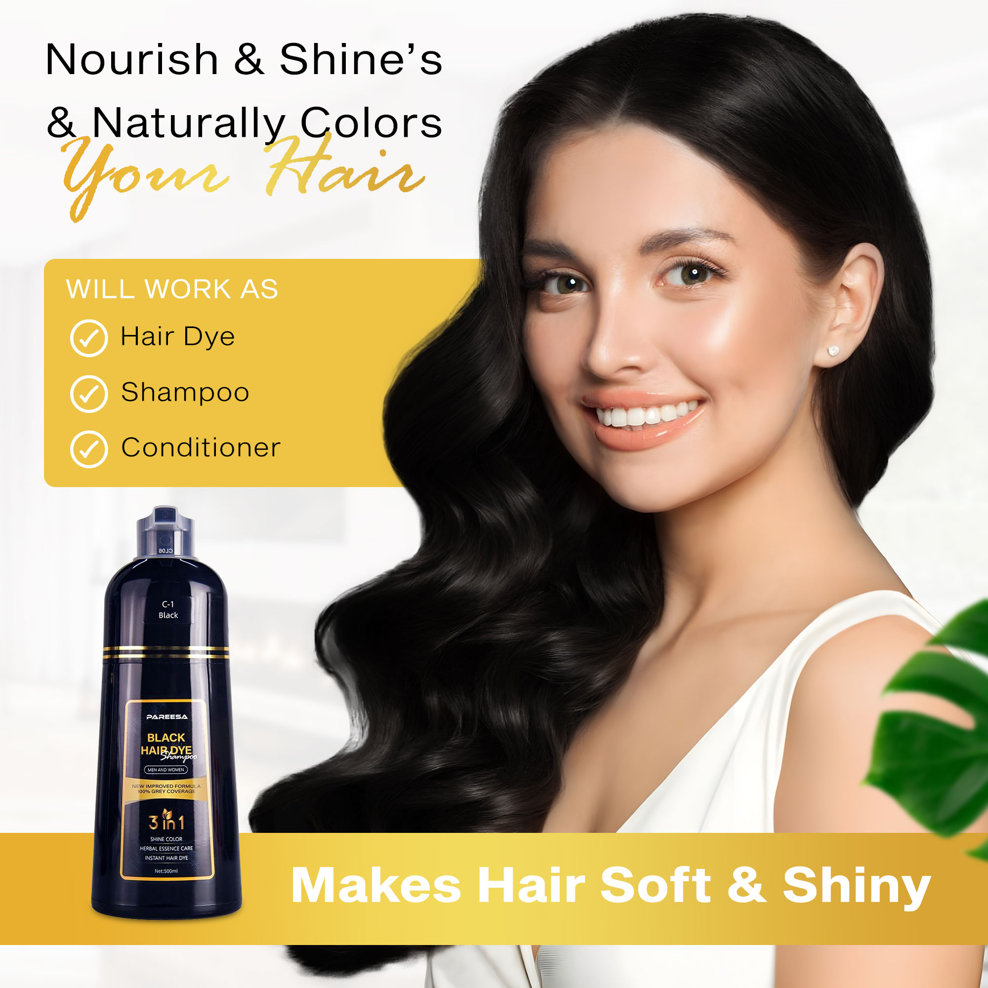 PAREESA Black Hair Dye Shampoo 3 in 1 for Grey Hair - Hair Color Shampoo for Women & Men - 500ML
