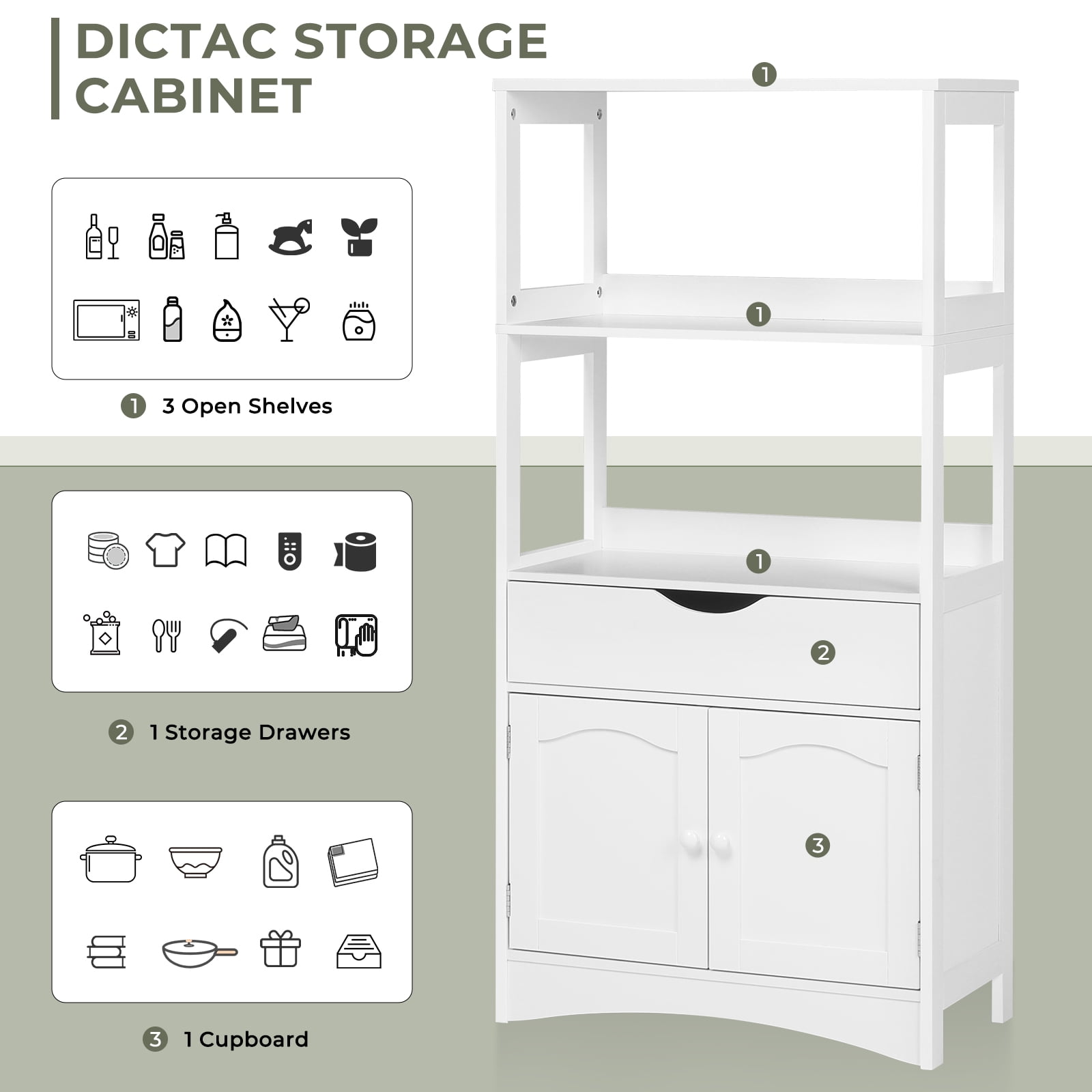 Kitchen Pantry Storage Cabinet with Microwave Stand&Drawer, Modern Sideboard Storage Cabinet with 2 Open Shelves, Tall Display Unit/Freestanding Floor Bathroom Cabinet for Bedroom Living Room, White
