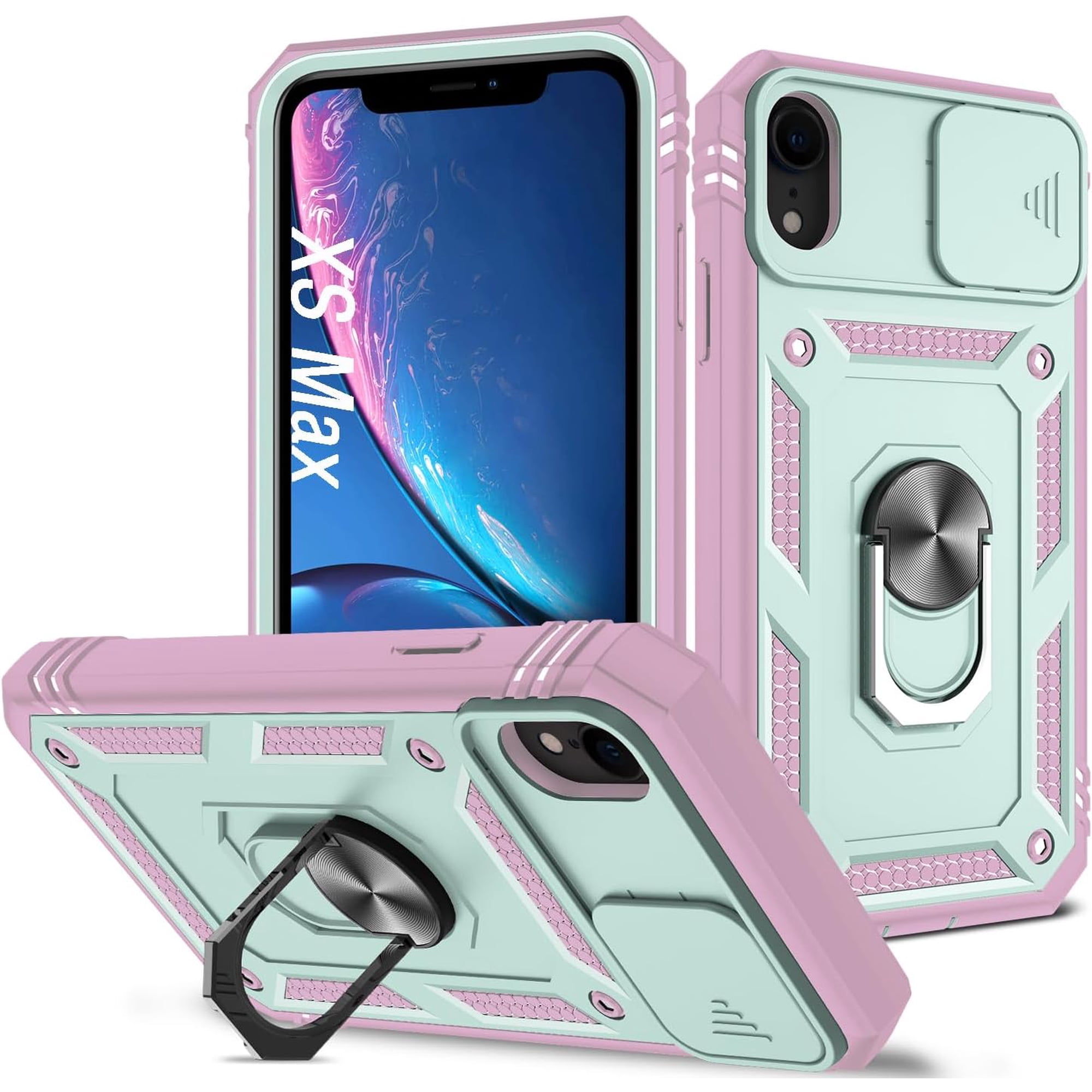 Case for iPhone Xs Max, Shockproof Impact Resistant with Slide Lens Protective Cover Case for iPhone Xs Max (6.5 inch) (Pink Green)