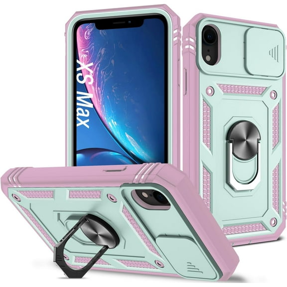 Case for iPhone Xs Max, Shockproof Impact Resistant with Slide Lens Protective Cover Case for iPhone Xs Max (6.5 inch) (Pink Green)