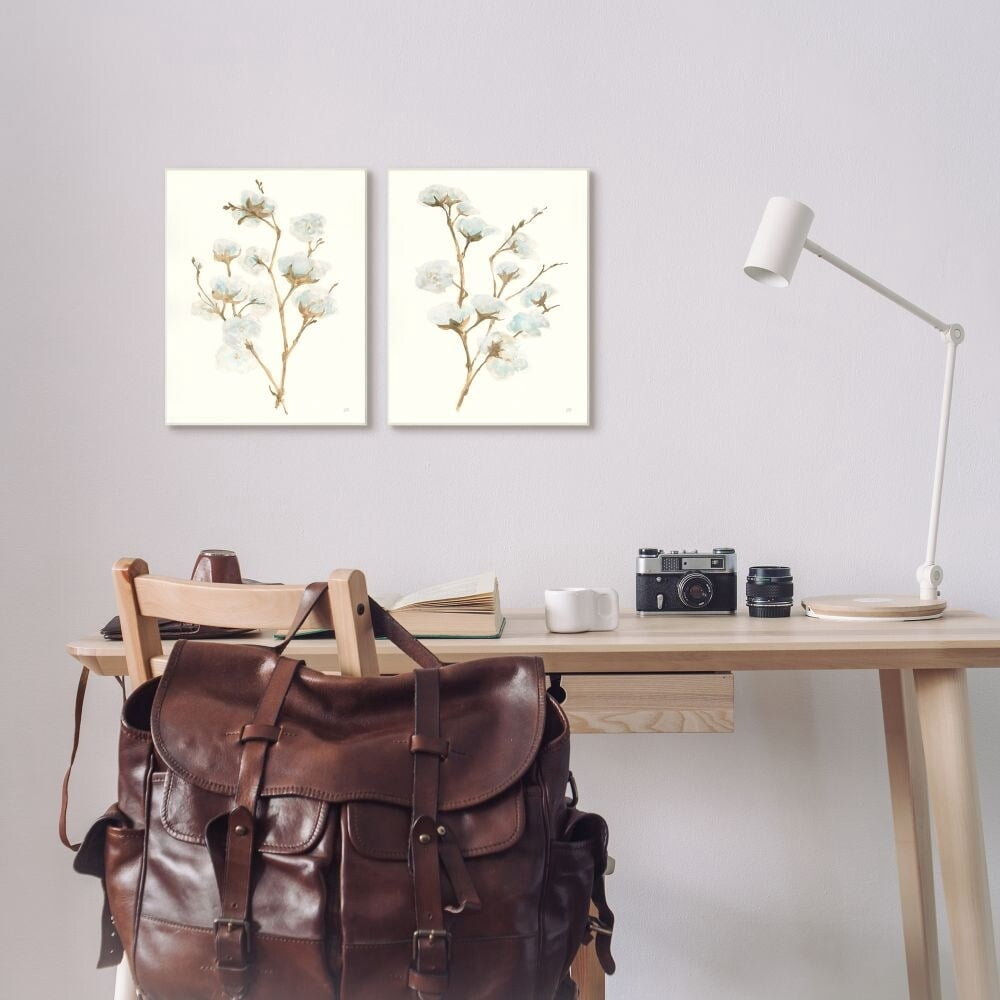 Stupell Industries Cotton Flower Stems Rustic Floral Farmhouse Painting Framed Wall Art Design by Chris Paschke, 2 Piece, 16" x 20", Black Framed