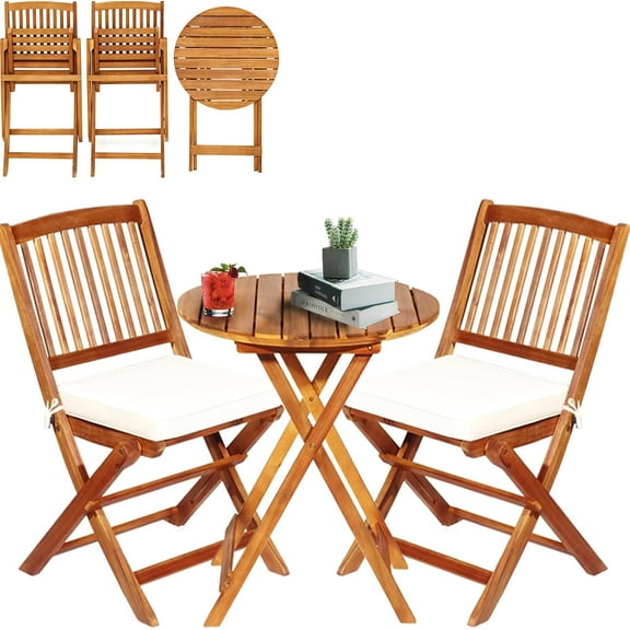 S AFSTAR Bistro Table and Chairs Set of 2, Acacia Wood Folding Bistro Set for 2 with Detachable Soft Cushions, 3PC Outdoor Wood Bistro Set for Patio, Balcony, Garden & Yard (Natural Color)