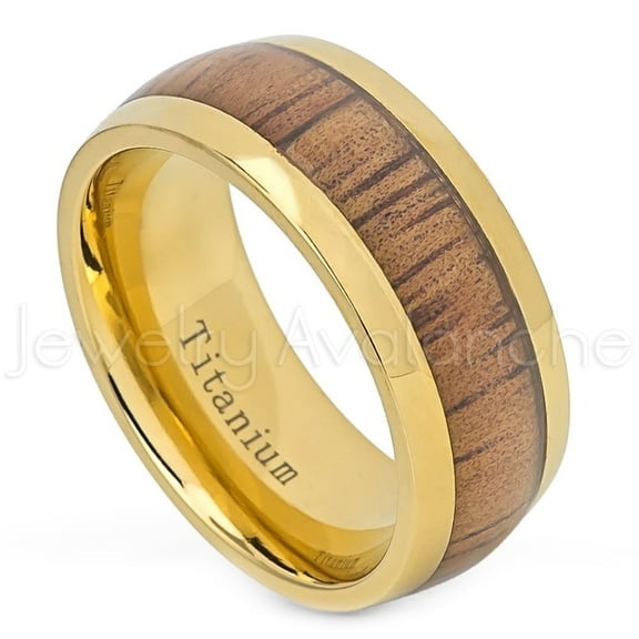 Yellow Gold Plated Titanium Ring with Hawaiian Koa Wood Inlay Comfort Fit Dome Wedding Ring TM588PL