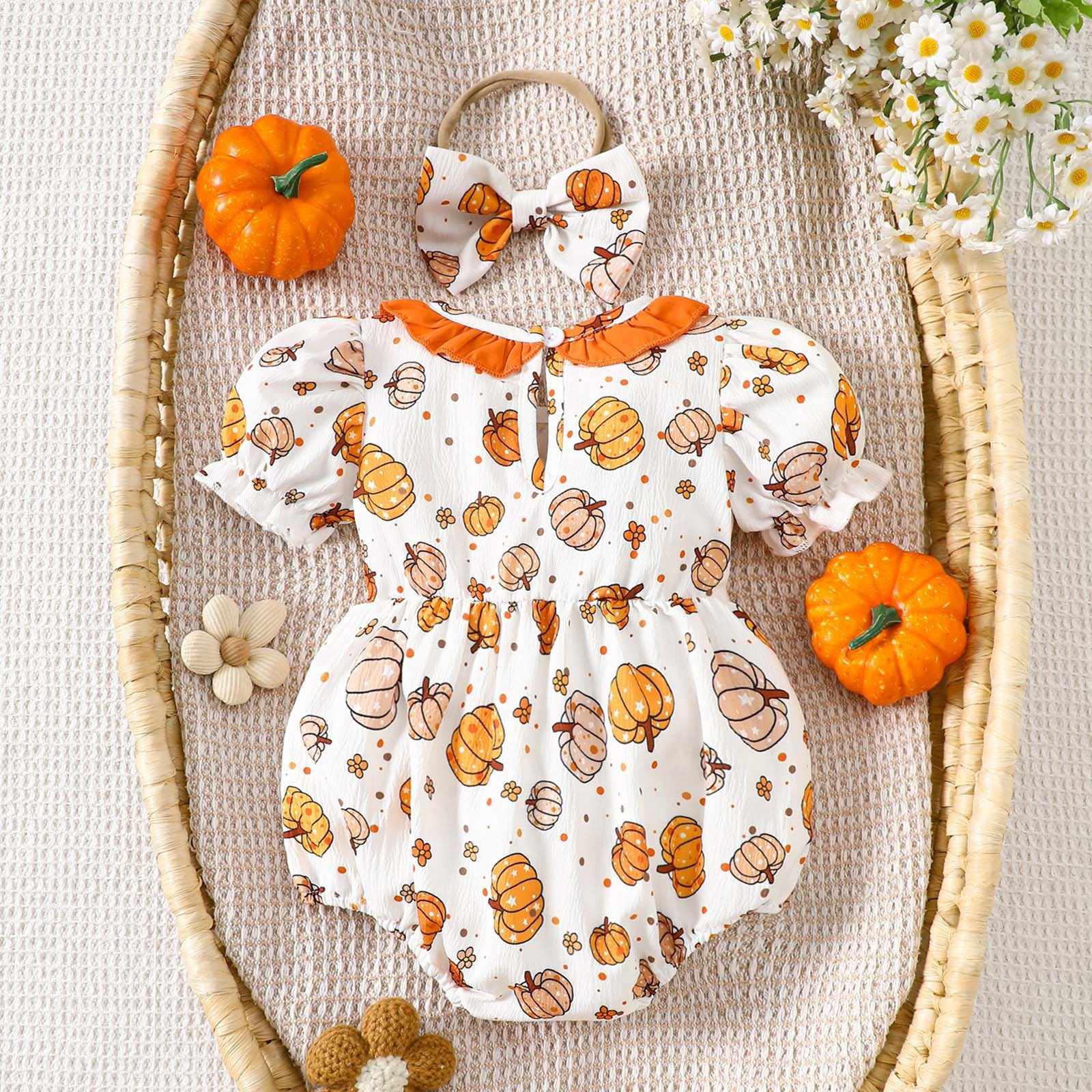 thumbnail image 2 of Newborn Baby Girl Smocked Pumpkin Outfit Long Sleeve Plaid Bubble Romper Infant Halloween Thanksgiving Outfit - Product Details 2 of 9