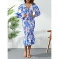 thumbnail image 4 of hirigin Women's Smocked Floral Bodycon Midi Dress Long Puff Sleeve Empire Waist V Neck Ruffle Pencil Mermaid Cocktail Dresses, 4 of 9