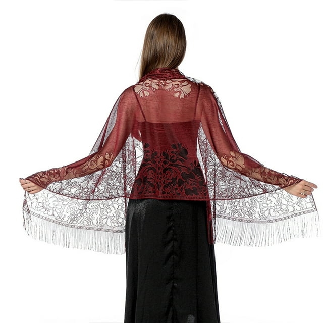 Bufanda de mujer, bufandas, chales de borlas con flecos de encaje de flores, capa de boda para dama de honor, chal Vintage portátil para fiesta Ropa, zapatos y accesorios Miscelánea Rojo púrpura Minnieouse AP015018-12