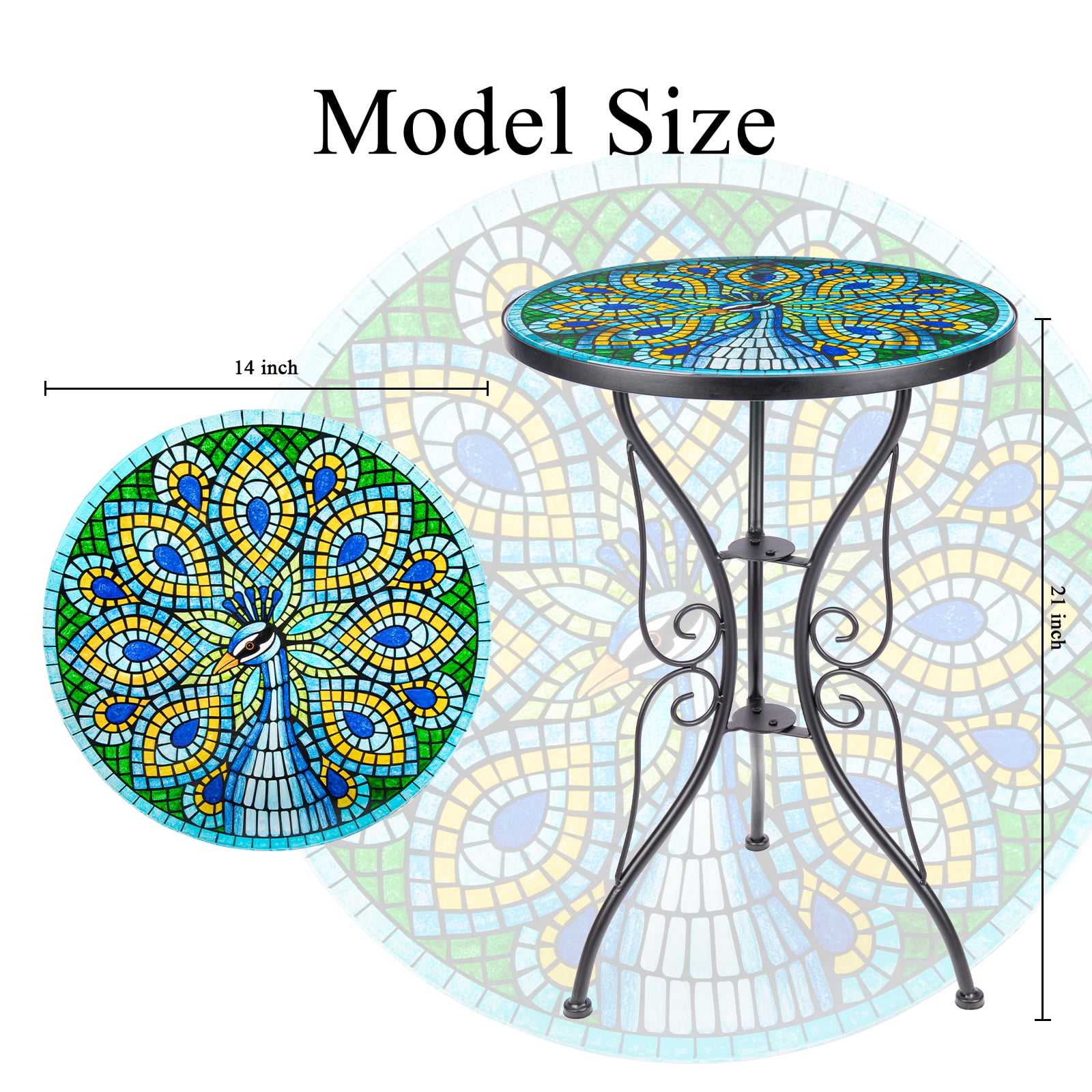 Peacock Glass Side Table for Garden, Outdoor Plant Stand Mosaic Accent Table Round Small End Table for Living Room Porch Balcony Garden