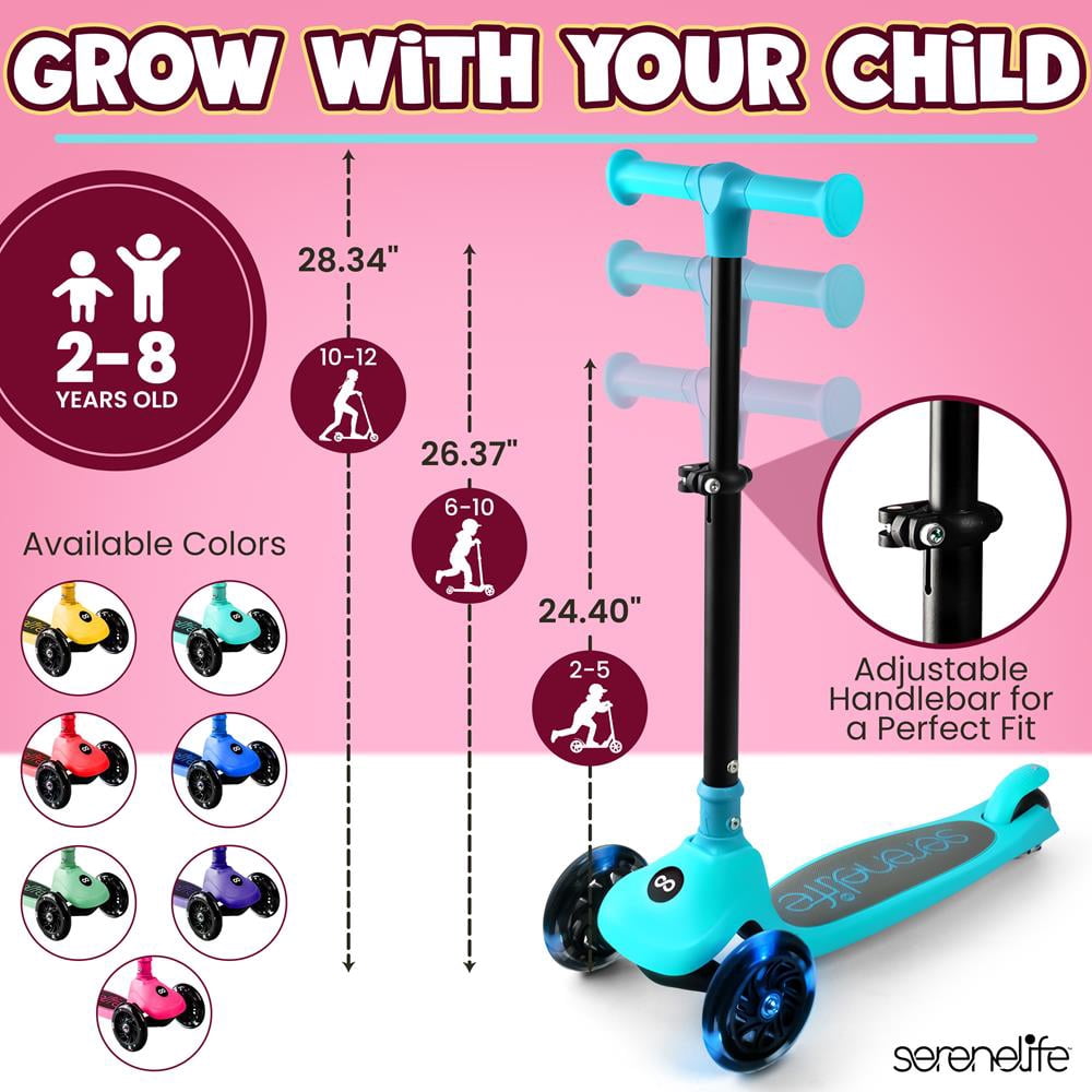 3-Wheel Foldable Kids Scooter - Child Toy Scooter with Built-in LED Wheel Lights, and Easy Maneuvering Lean-to-Steer Technology (Turquoise Blue)
