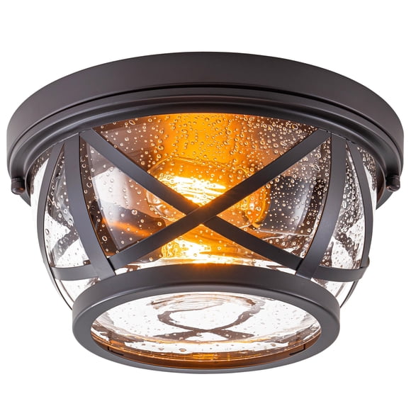 Bronze Flush Mount Ceiling Light Fixtures, 2-Light Ceiling Mount for Industrial with Seeded Glass Lampshade, Modern Flush Mount L