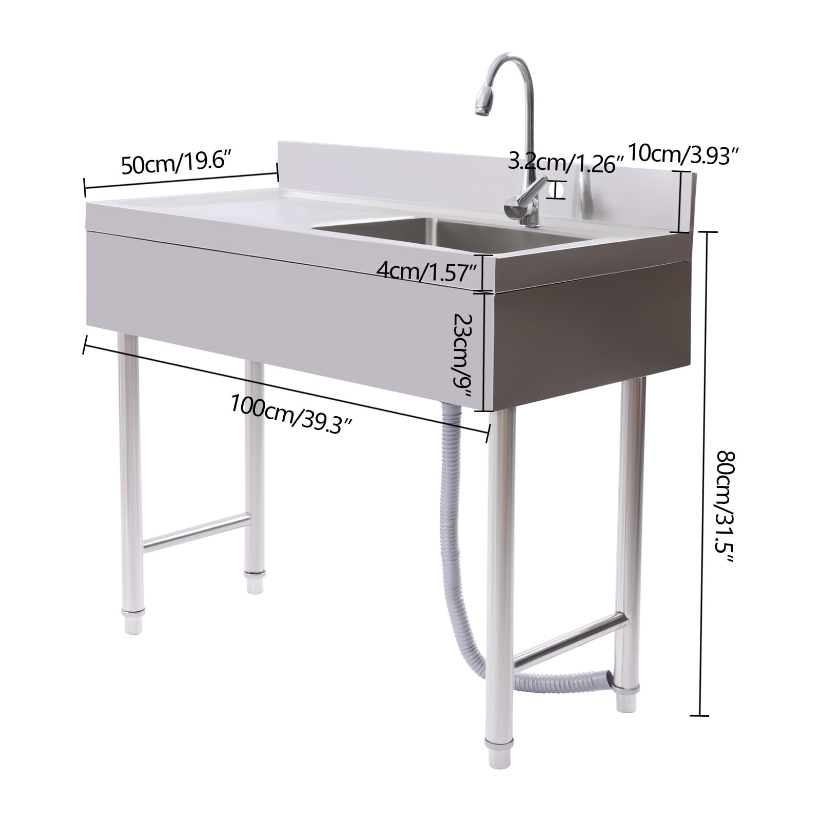 SENDERPICK Freestanding Silver Commercial Sink Stainless Steel Kitchen Utility Sink 1 Compartment & Prep Table