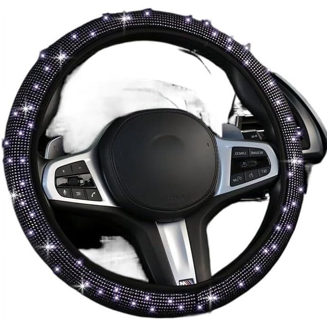 Car Diamond-studded Steering Wheel Cover without Inner Ring, Full of Diamonds, Hot Diamonds, Full of Diamonds, Elastic Handle Cover(Purple Diamond), 38cm