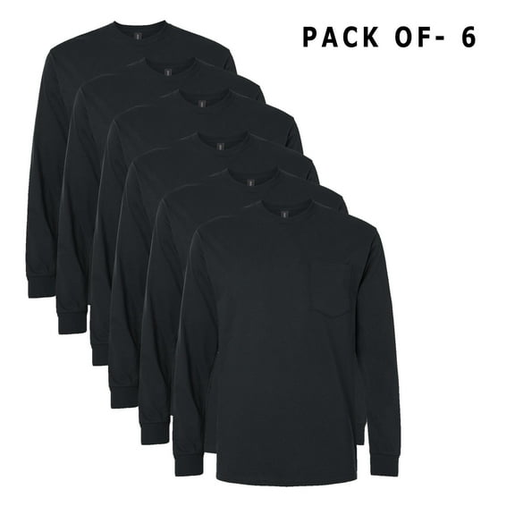 GILDAN - Black Color T-Shirt for Comfort | 6 Oz./yd² 100% Cotton | 6 Pack Long Sleeve Tee - 3xl Size